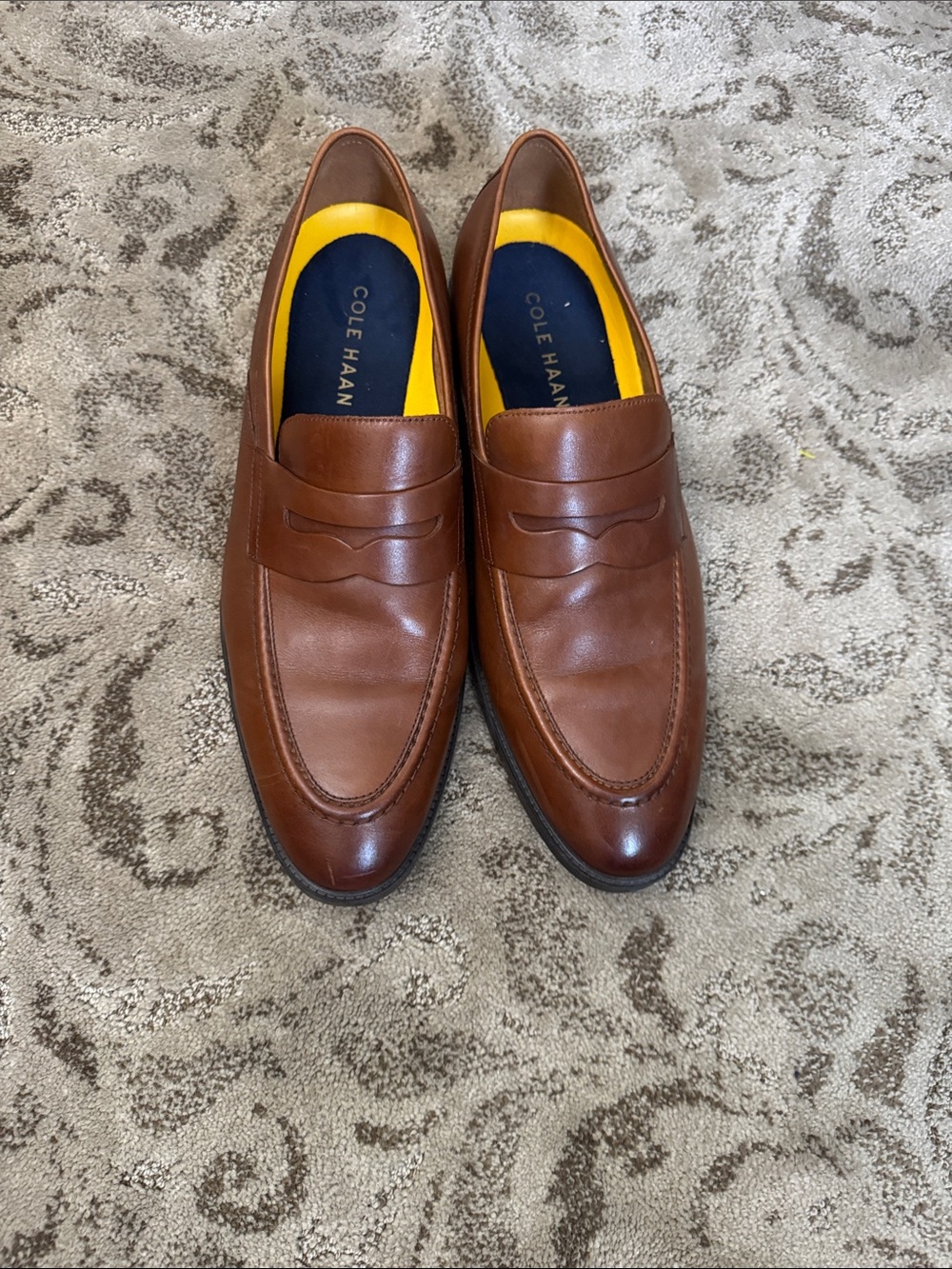 Cole Haan Brown Leather Penny Loafers with Navy & Yellow Insoles
